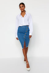 Blue Button Detailed Slit Midi Denim Skirt Twoss20et0494