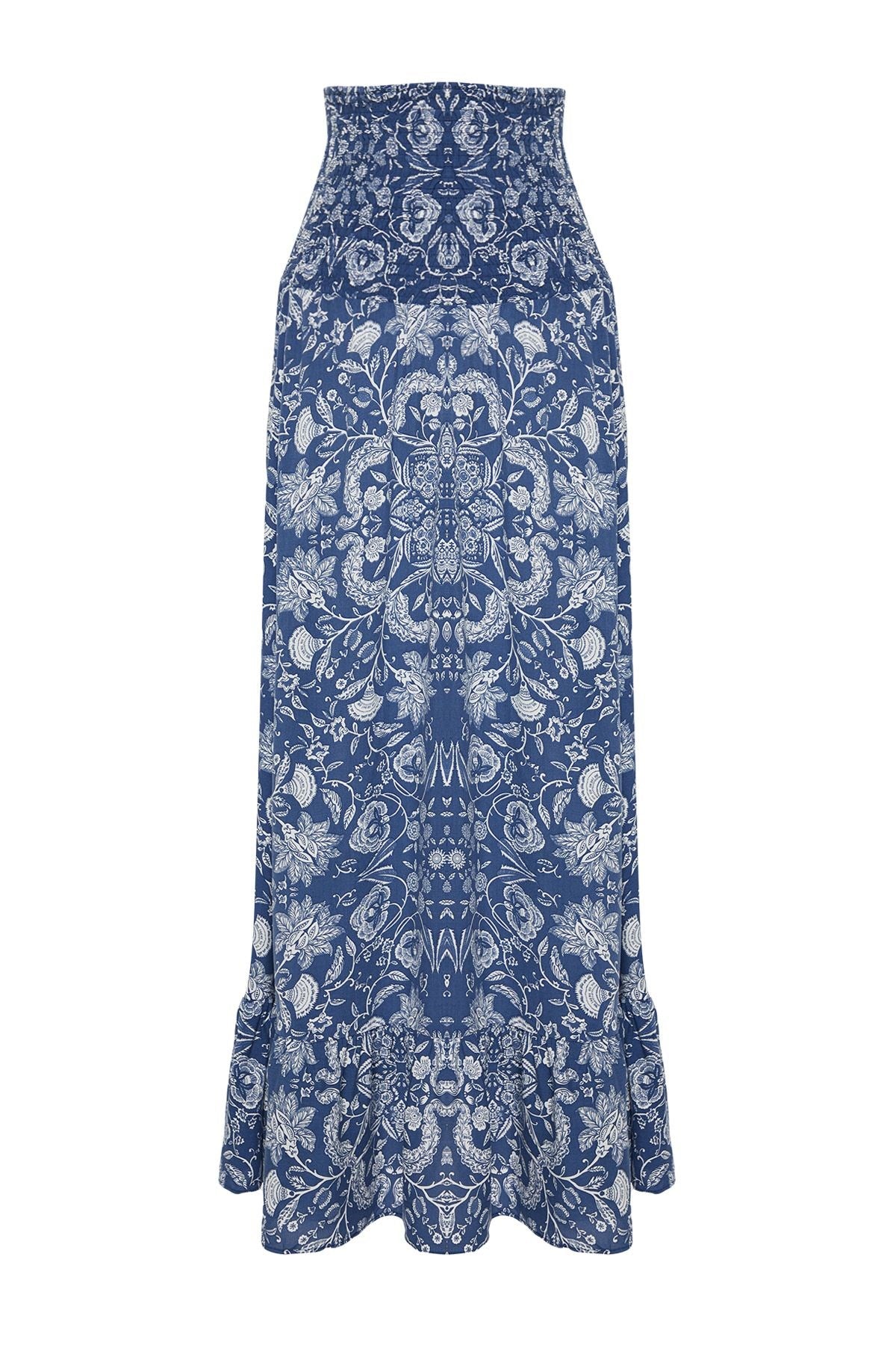 Navy Blue Floral Printed Midi Woven Skirt Twoss24et00184