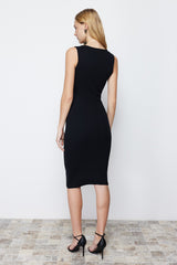 Black Pool Collar Ribbed Stretchy Knitted Midi Pencil Dress Twoss24el00488