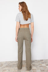 Khaki Pocket Detailed High Waist Wide Leg Jeans Twoss24je00208