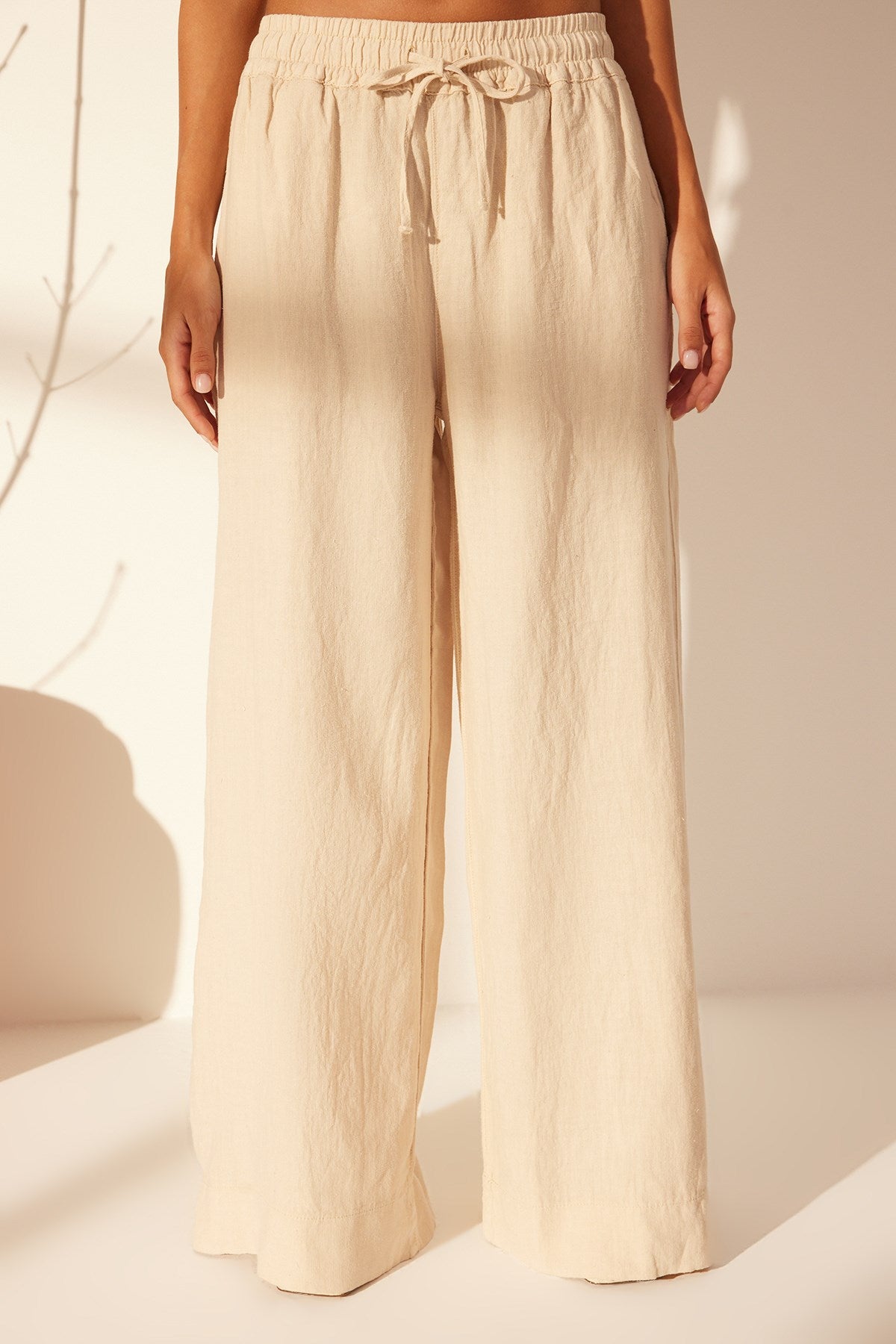 Beige 100% Linen Waist Elastic High Waist Extra Wide Leg Pants Twoss24je00251