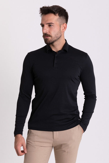 Solid Navy Color Slim Fit Long Sleeve Polo Collar Men's T-shirt 36672.21k