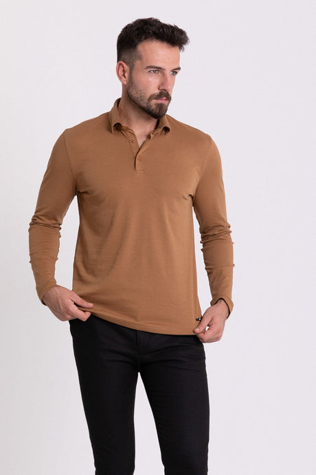 Solid Navy Color Slim Fit Long Sleeve Polo Collar Men's T-shirt 36672.21k