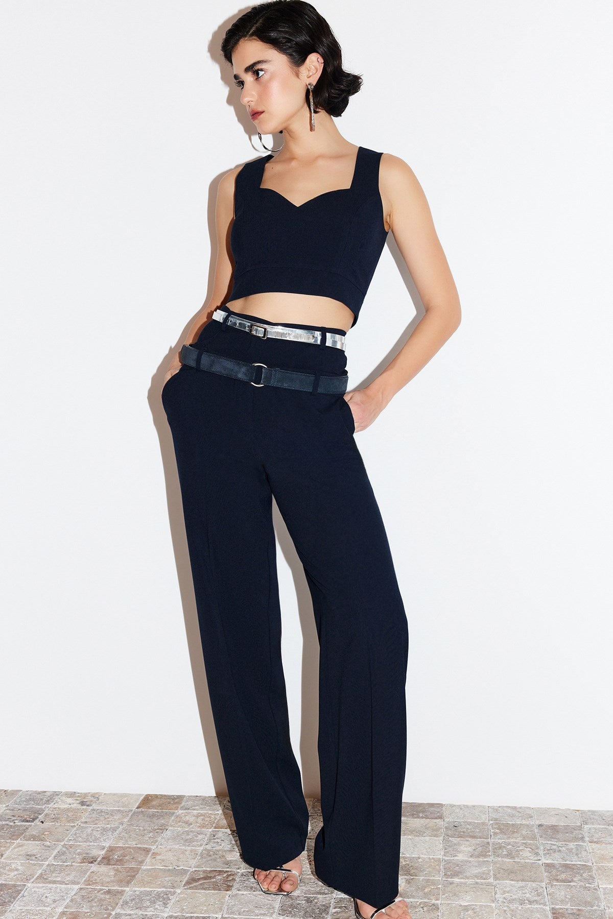 Navy Blue Straight/straight Cut Polyviscose Waist Detailed Woven Pants Twoss24pl00078