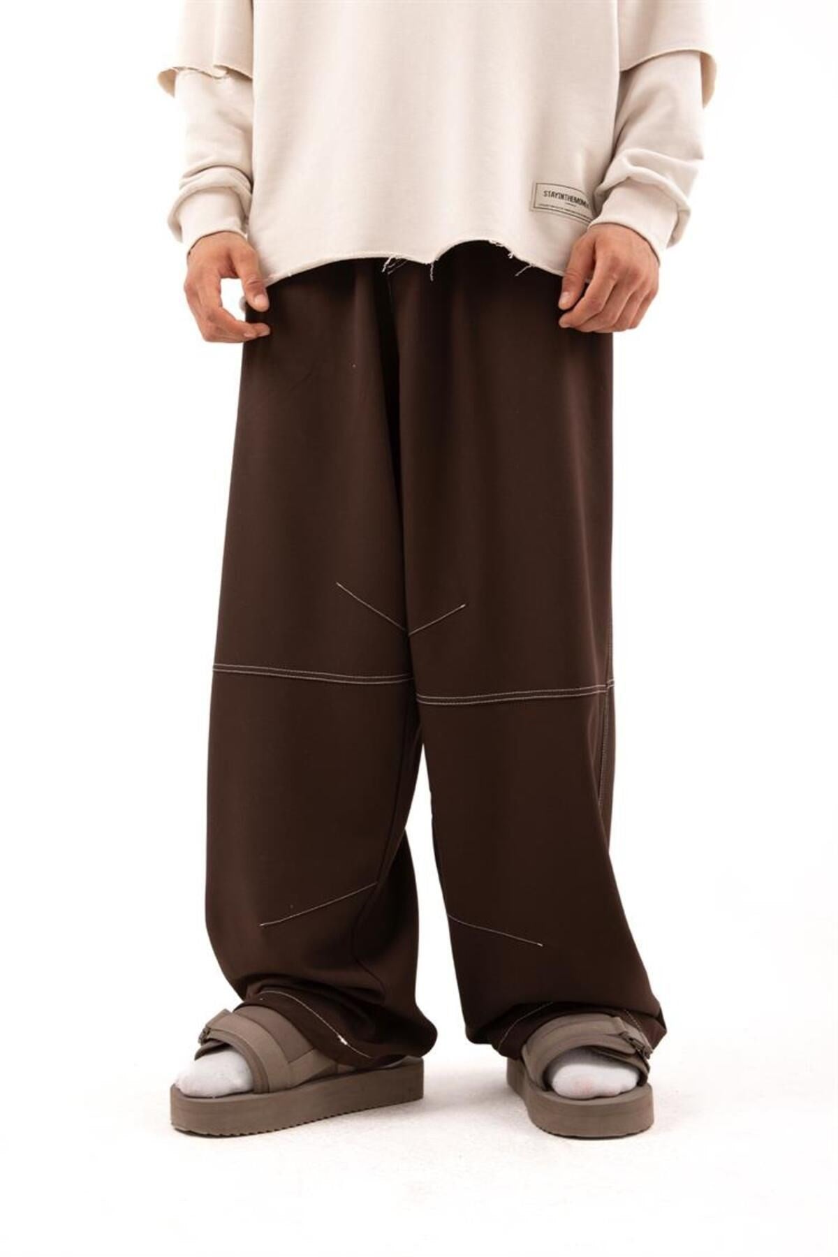 Effective Stitching Detailed Skater Fit Brown Fabric Pants Flaw-015-002-040