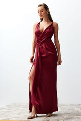 Burgundy Satin Long Night Evening Dress Tprss24ae00038