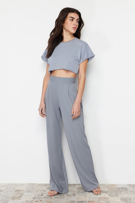 Gray Pleated Wide Leg/casual Cut Pants Twoss24pl00038