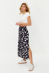 Black Polka Dot Slit Detailed Satin Maxi Length Woven Skirt Twoss24et00005