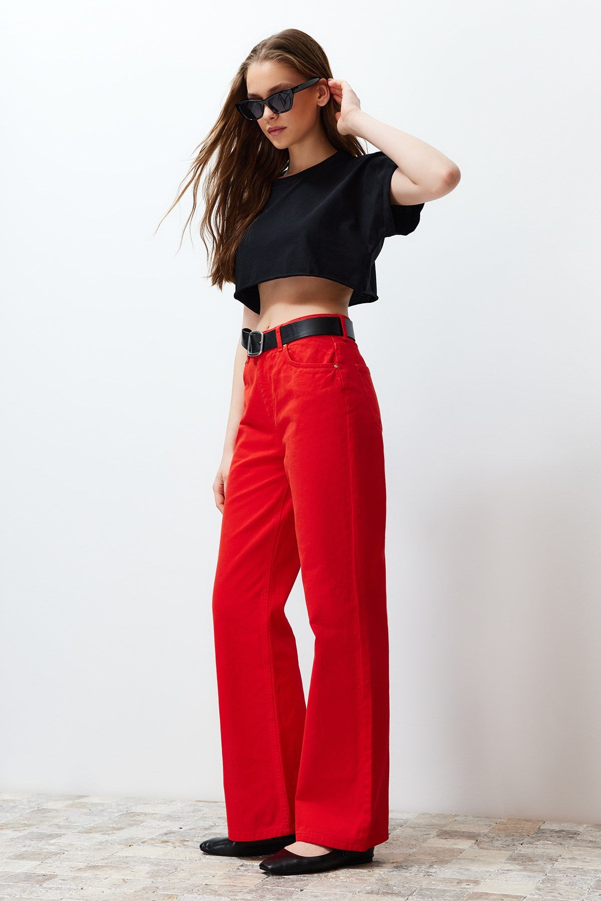 Red High Waist Wide Leg Jeans Twoss24je00228