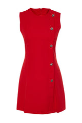 Red Plain Cut Button Detailed Mini Woven Dress Twoss24el00704