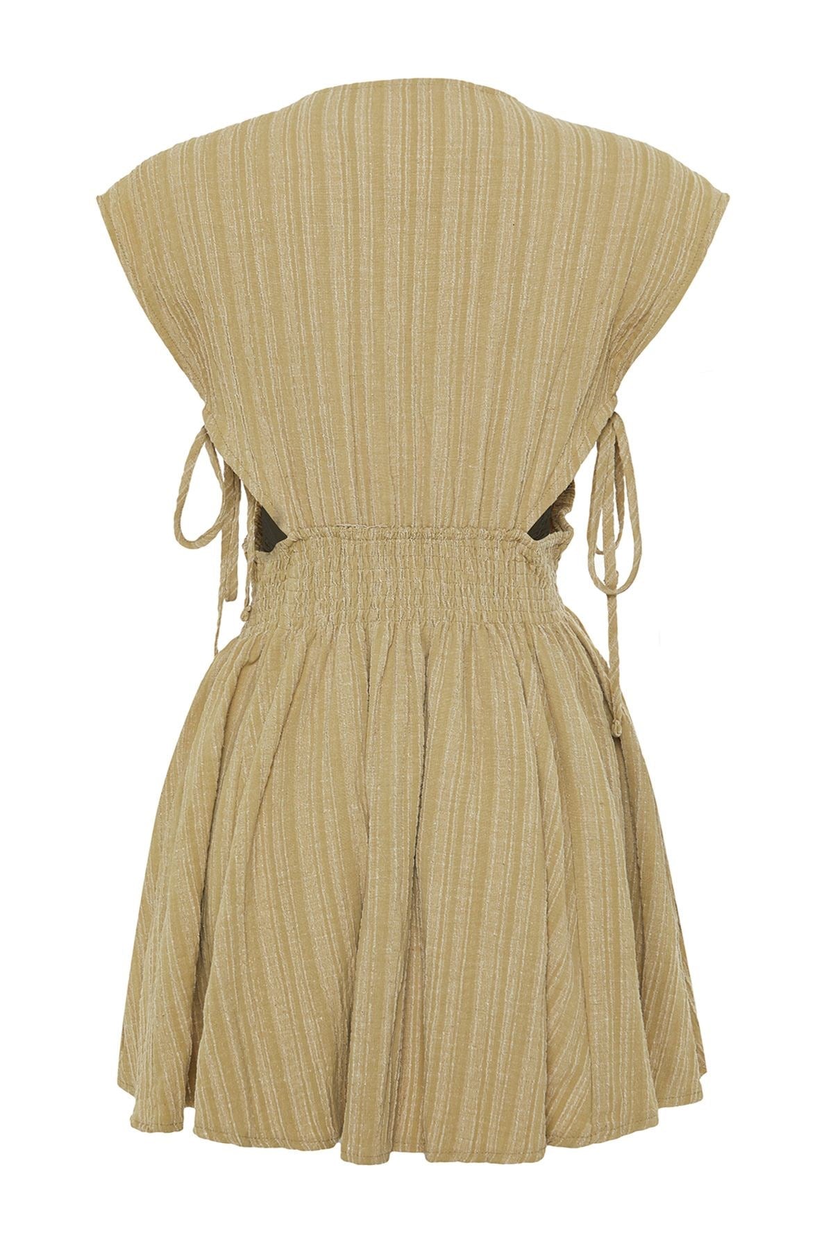 Khaki Mini Woven Cut Out/window Linen Blended Beach Dress Tbess24el00075