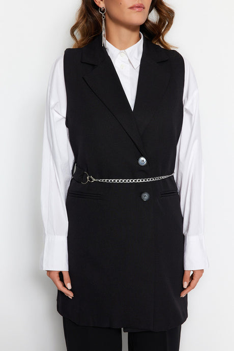 Black Chain Belt Detailed Woven Vest Tctaw23yl00013