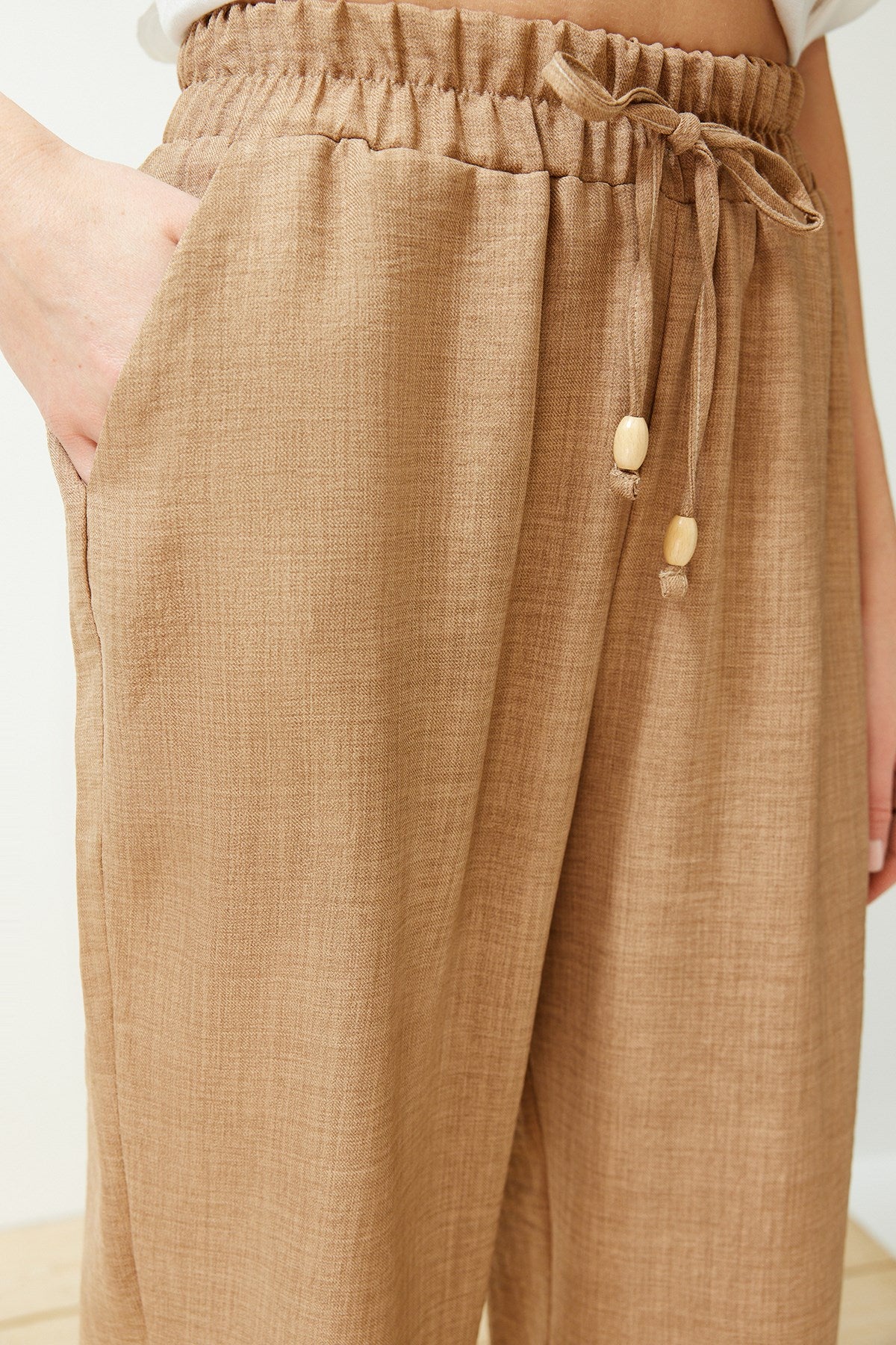 Camel Straight/straight Cut Waist Elasticated Lace-up Linen Look Pants Twoss24pl00056