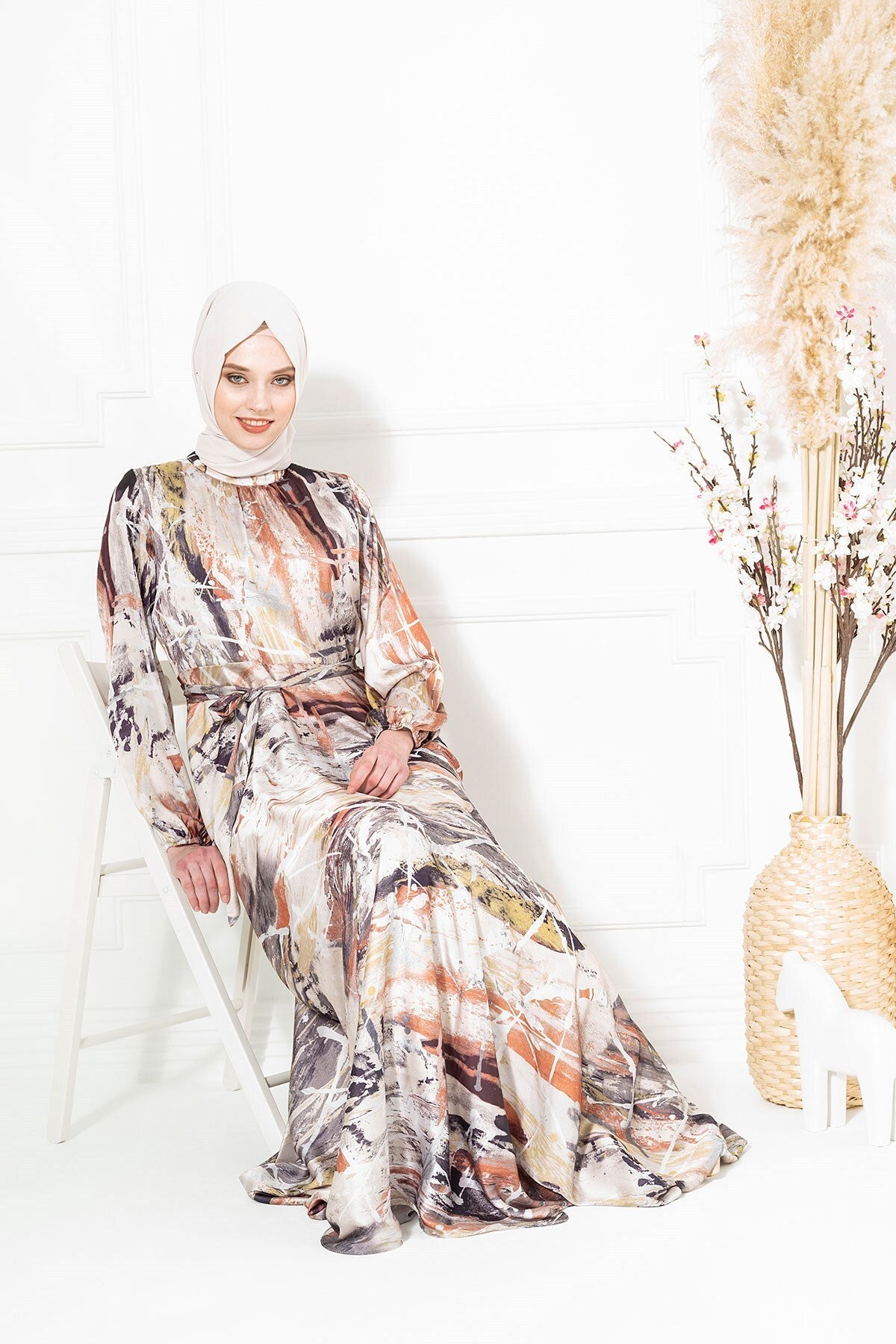 Forest Watercolor Printed Coffee Burkini Silk Dress 5255 T22el3m5255