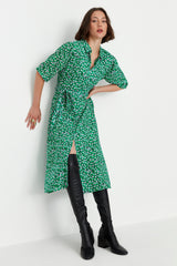 Green Floral Pattern Belted Midi Woven Viscose Shirt Dress Twoss20el1559