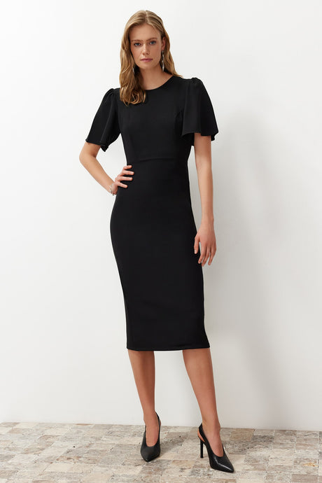 Black A Cut Sleeve Battery Detailed Midi Woven Dress Twoss24el00659