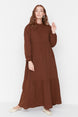 Brown Straight Collar Crinkle Wide Pattern Woven Dress Tctss22eb00171