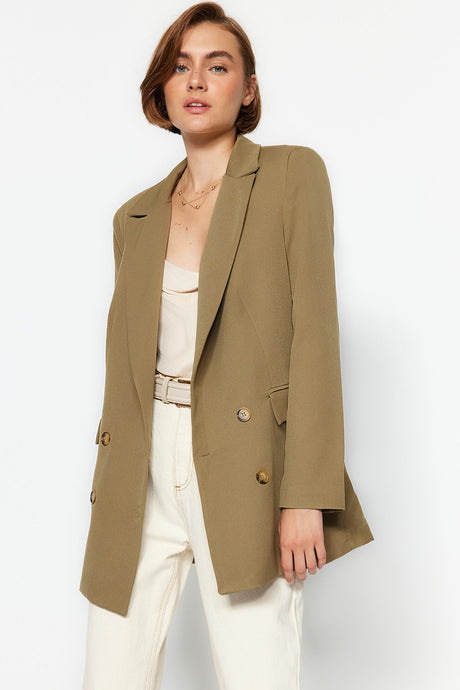 Open Khaki Oversize Lined Buttoned Woven Blazer Jacket Twoaw22ce0167