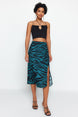 Black Slit Detailed Viscose Fabric Animal Print Midi Woven Skirt Twoaw22et0447