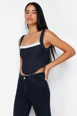 Dark Blue Collar Detailed Strappy Denim Bustier Twoss24bs00010