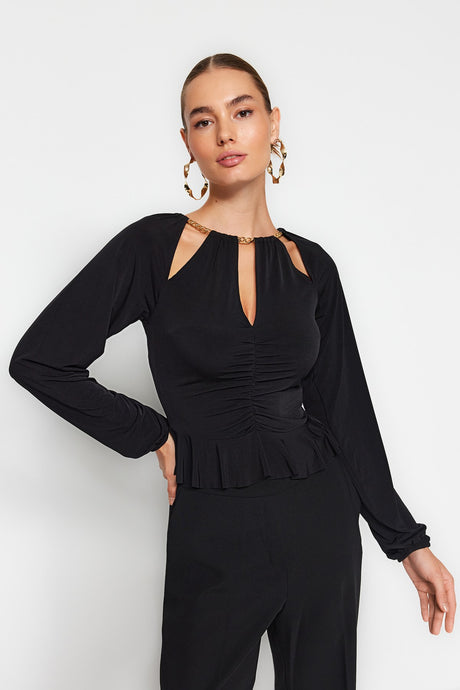 Black Window/cut Out Detailed Knitted Blouse With Accessories Tpraw24bz00053