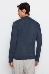 Grey Men's Slim Fit Crew Neck Raglan Sleeve Textured Wool Blended Knitwear Sweater Tmnaw22kz0290