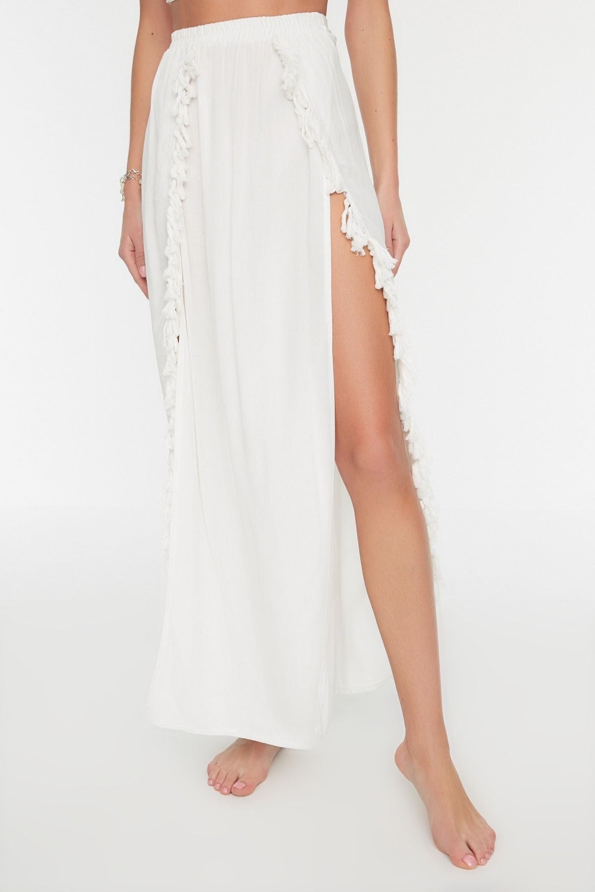 Bridal Ecru Maxi Woven Tassel Skirt Tbess21et0133