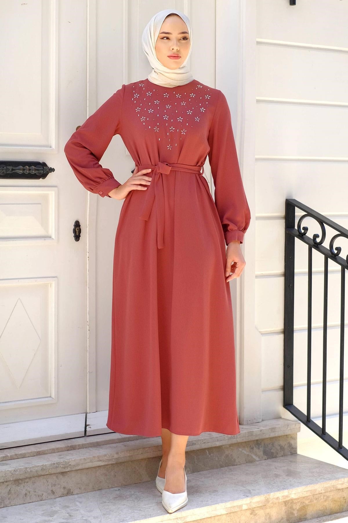 Stone Embroidered Belted Dress Brown Hm2220