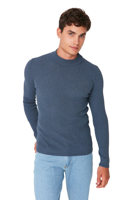 Brown Men's Fitted Slim Fit Half Turtleneck Ribbed Knitwear Sweater Tmnaw21kz0568