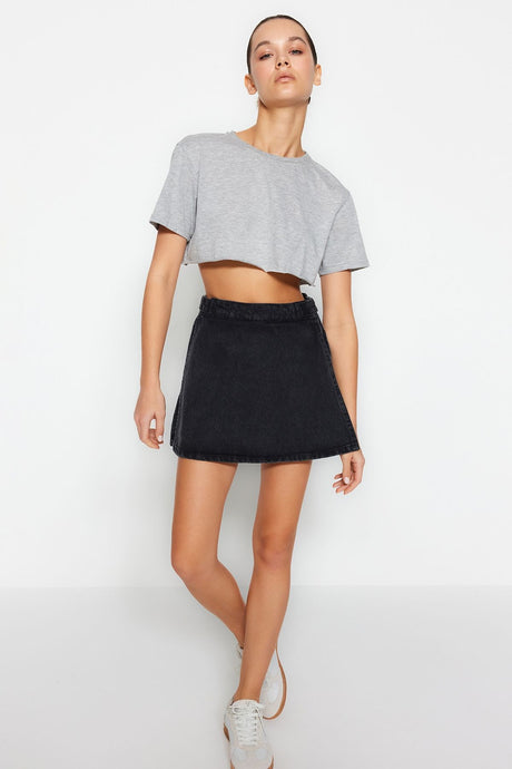 Black Slit High Waist Denim Shorts Skirt Twoss24sr00002