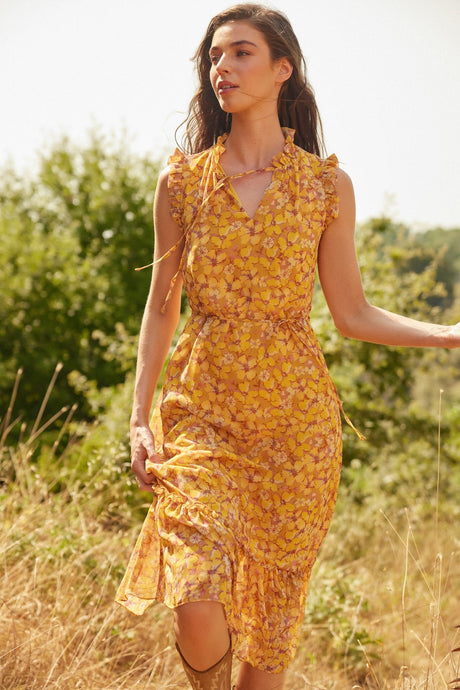 Yellow Floral Print A Cut Midi Lined Chiffon Woven Dress Twoss23el01840