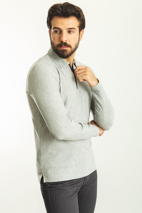 Grey Color Slim Fit Zipper Polo Collar Long Sleeve Men T-shirt 36770.22k