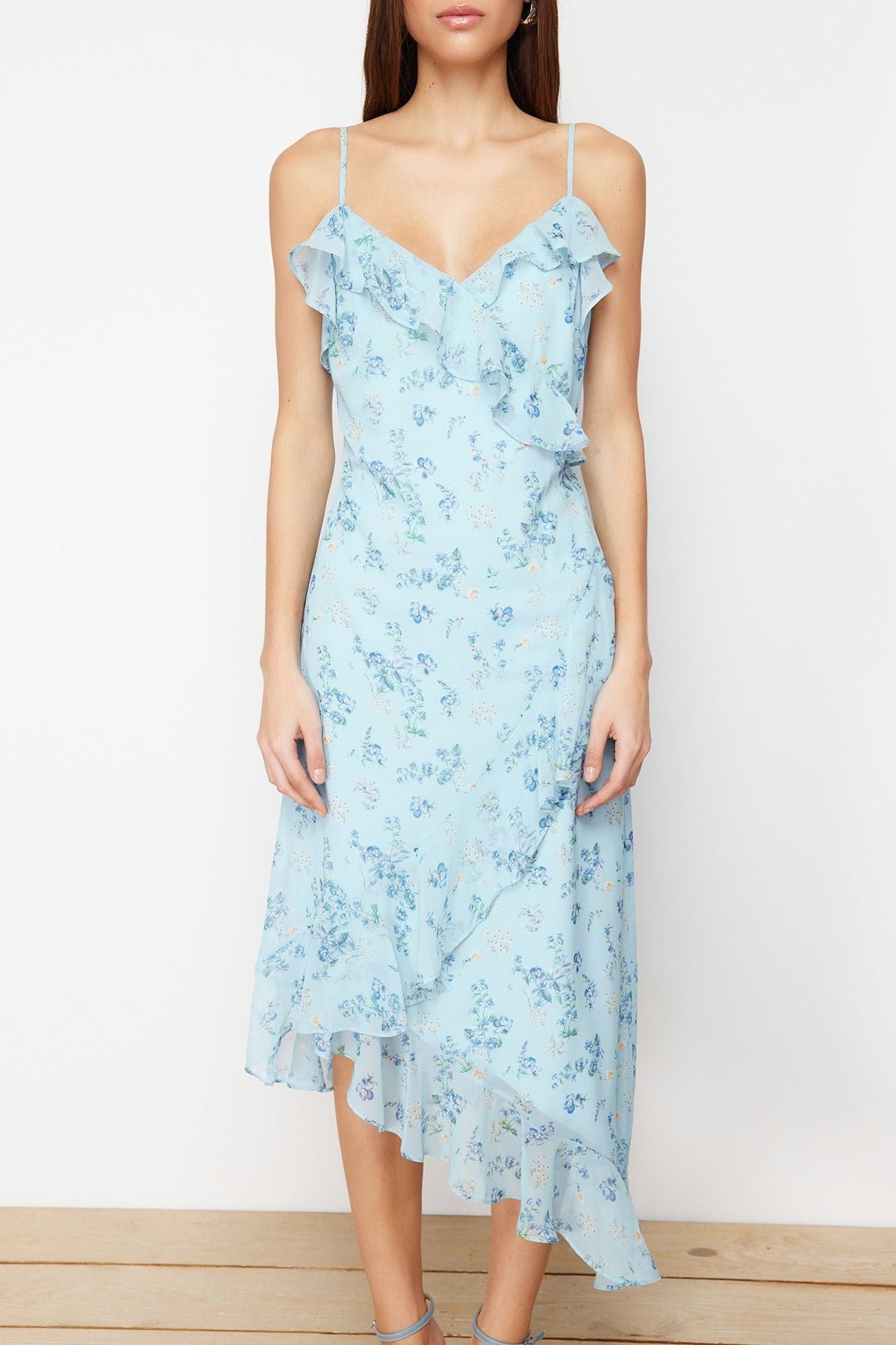 Blue Floral Ruffled A Cut Chiffon Lined Maxi Woven Dress Twoss24el00692