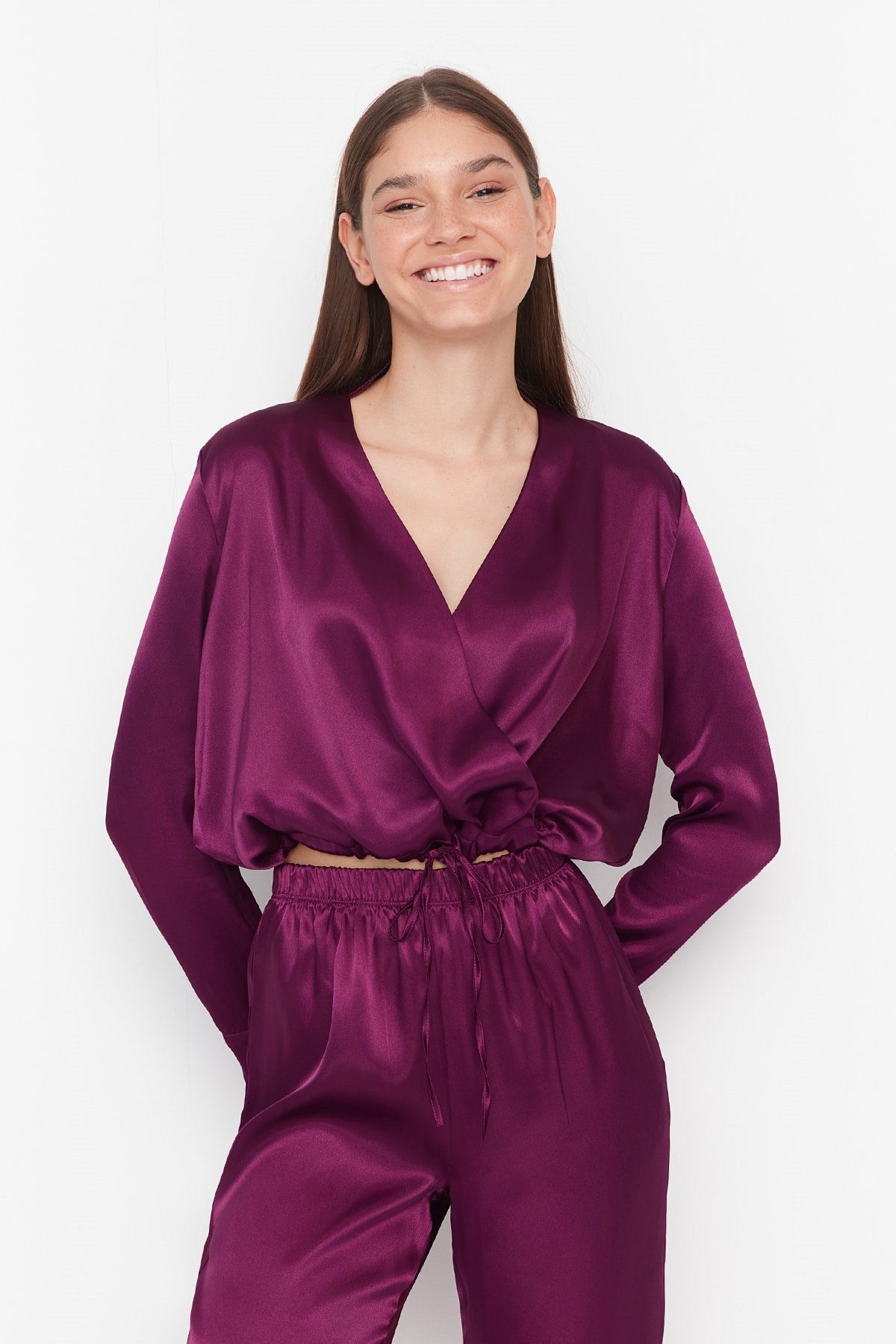 Purple Double Breasted Collar Waist Detailed Satin Woven Sleepwear Set Thmaw23pt00034