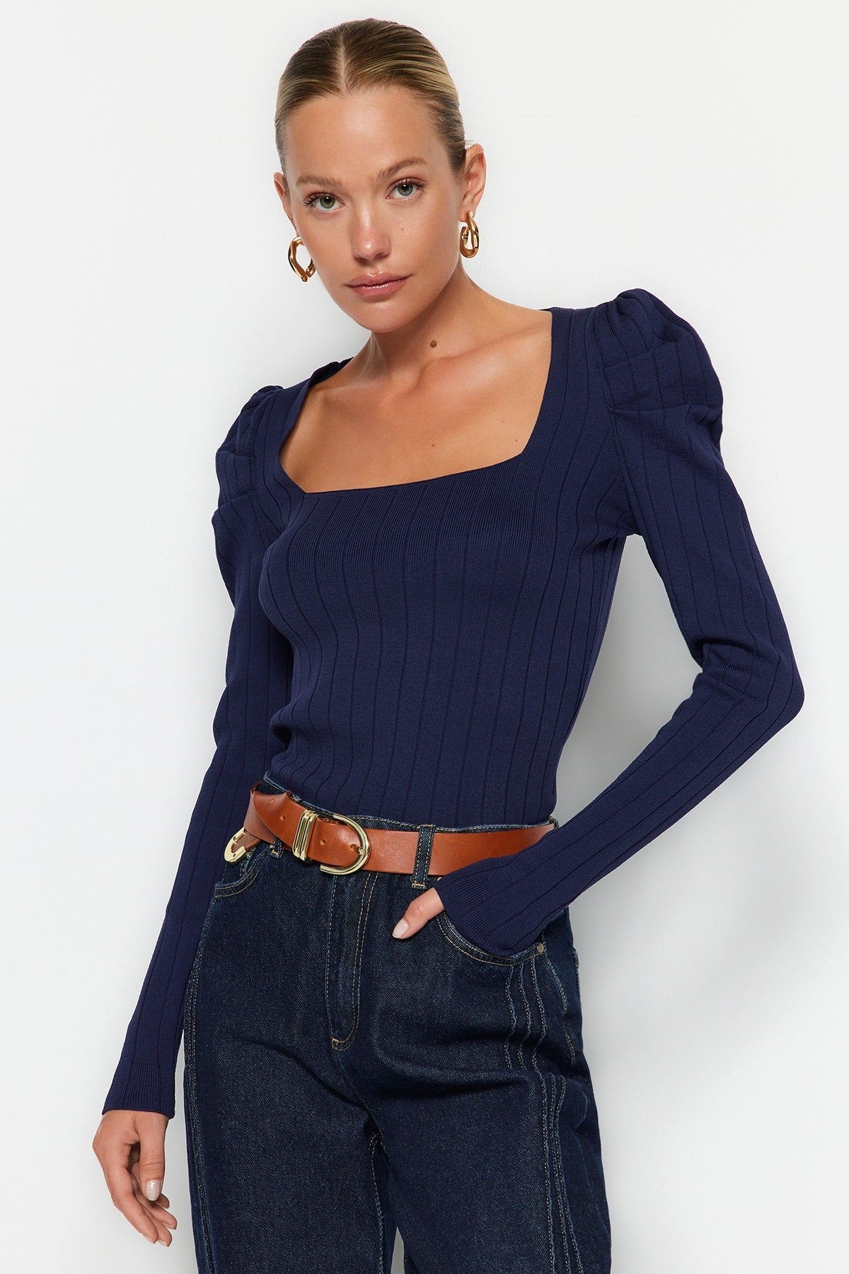 Navy Blue Ruffle Square Collar Knitwear Sweater Twoaw21kz0649