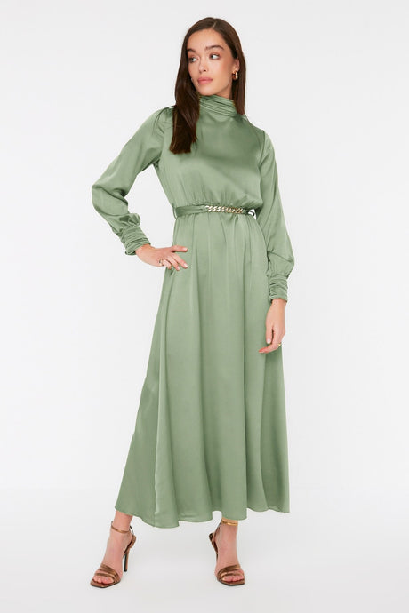 Green Collar And Cuff Drape Detailed Belted Woven Evening Dress Tctss22eb0142