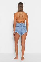 Blue Mini Denim Tasseled 100% Cotton Shorts & Bermuda Tbess23sr00029