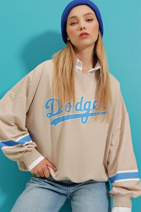 Women's Sky Blue Crew Neck Dodgers Printed Sleeve Striped Sweatshirt Alc-x8960