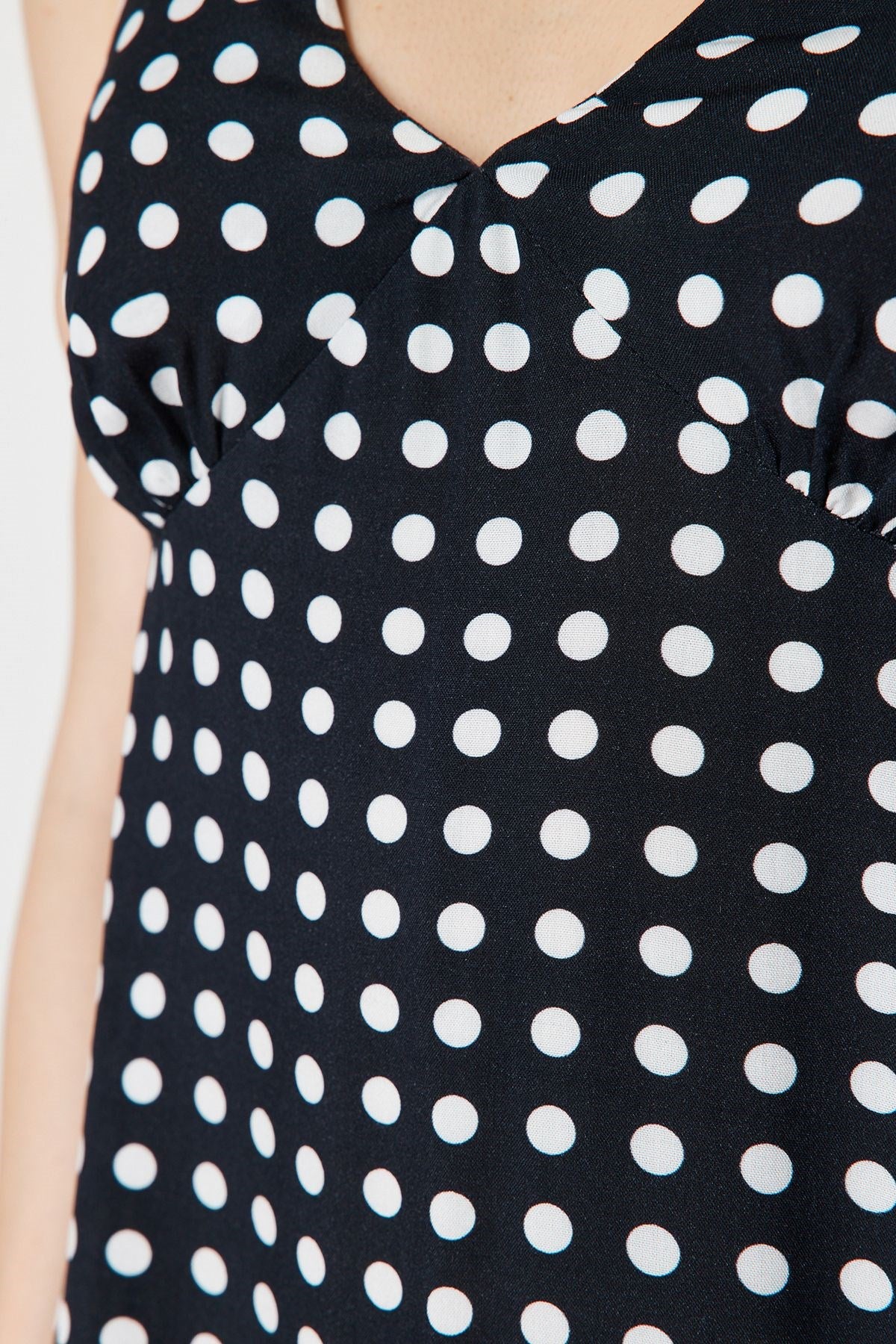 Black Polka Dot V Neck Viscose Mini Woven Dress Twoss24el00509