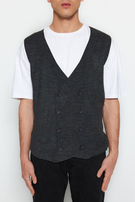 Navy Blue Men's Slim Fit Double-breasted Buttoned Vest Tmnaw21ye0014