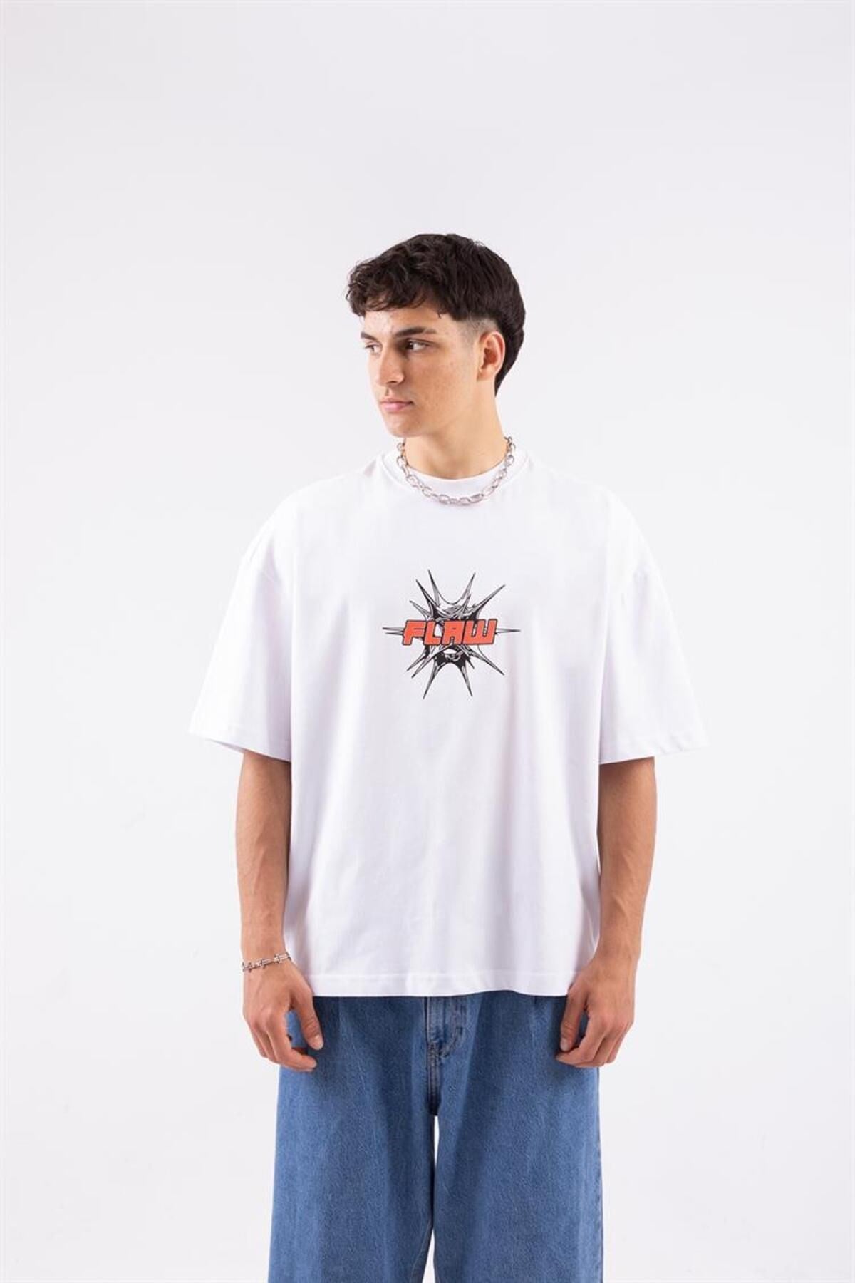 Flaw Atelier Spiky Flaw Printed White Oversize T-shirt Flaw-006-005-069