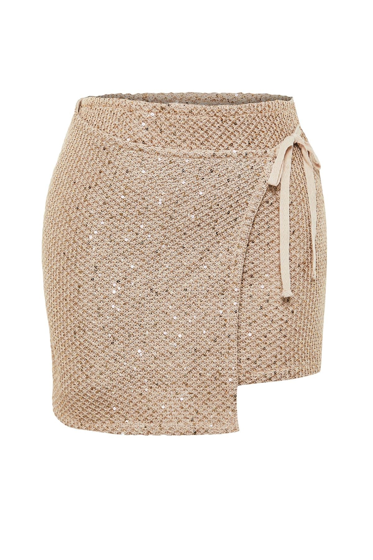 Beige Mini Shiny Sequin Embroidered Knitwear Skirt Twoss24et00050