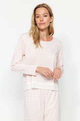 Powder Striped Lace Detailed Tshirt-pants Knitted Pajama Set Thmaw24pt00183