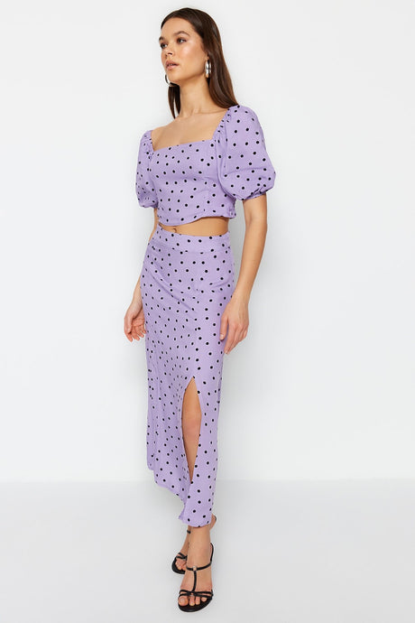 Lilac Polka Dot Slit Midi Viscose Woven Bottom Top Suit Twoss20au0097