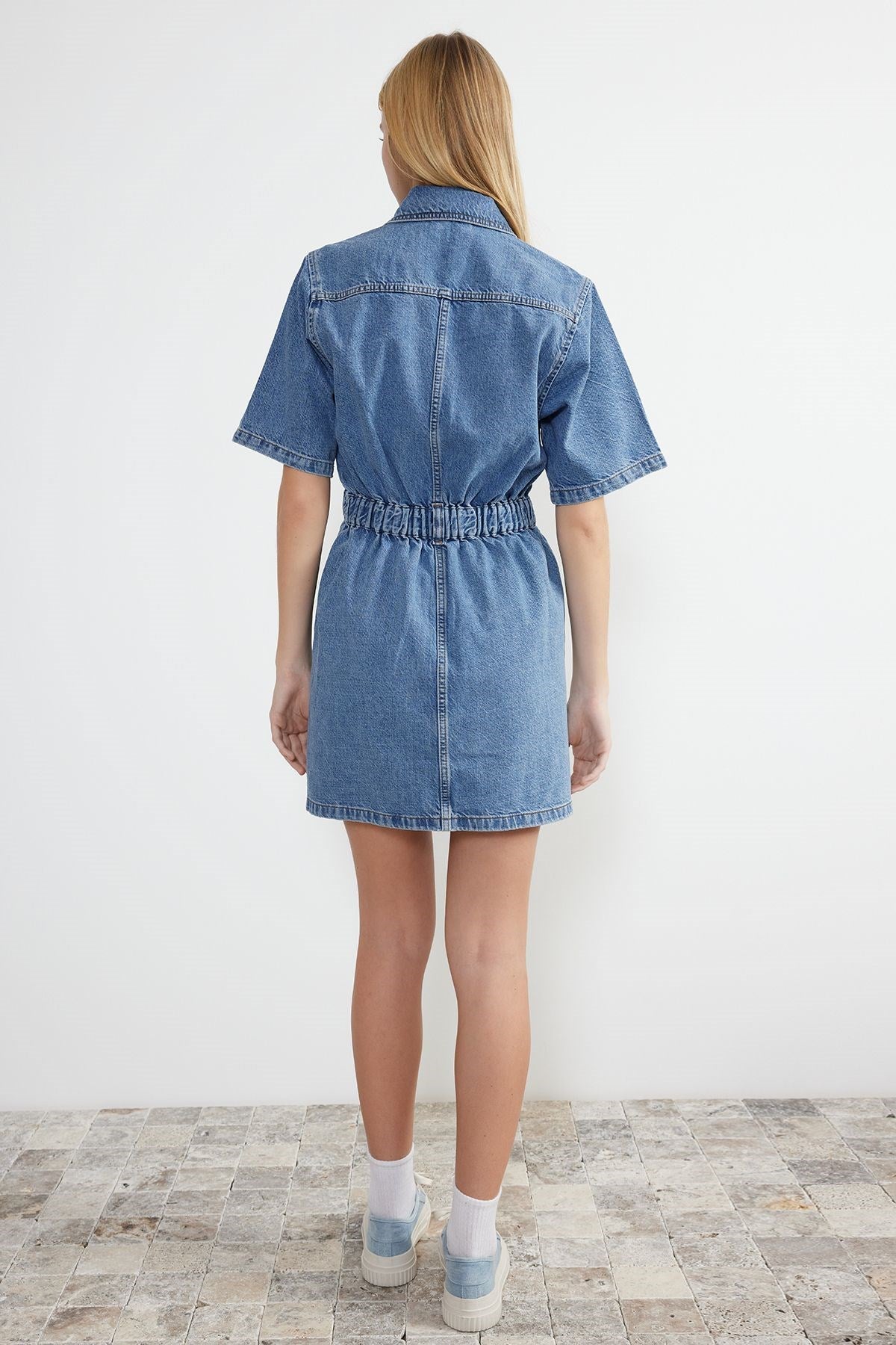 Blue Zipper Detailed Mini Denim Dress Twoss24el00367