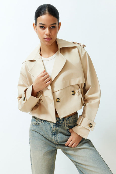 Beige Oversize Wide Cut Cotton Crop Trench Coat Twoss24tr00012