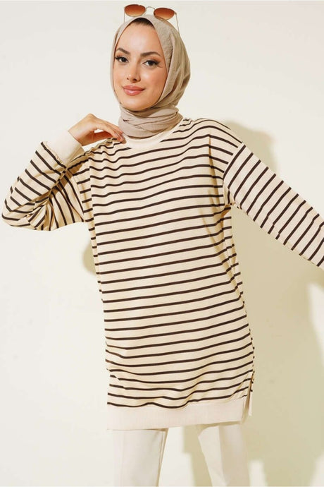 Two Strand Hijab Tunic Striped Sweatshirt Autumn546