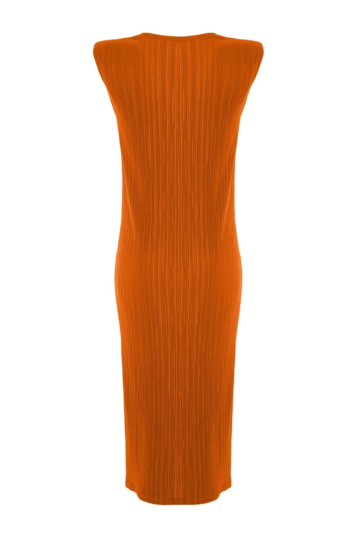 Orange Quilted Shift/plain Pleated Midi Knit Dress Twoss23el00358