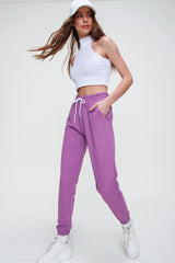 Women's Dark Lilac Printed Sweatpants With Elastic Waist And Leg Alc-x5902