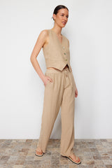 Beige 100% Linen Waist Elastic High Waist Wide Leg Pants Twoss24je00249